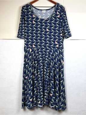LuLaRoe Nicole Fit & Flare Midi Dress Navy w/ Yellow & Pink Birds Womens 2XL